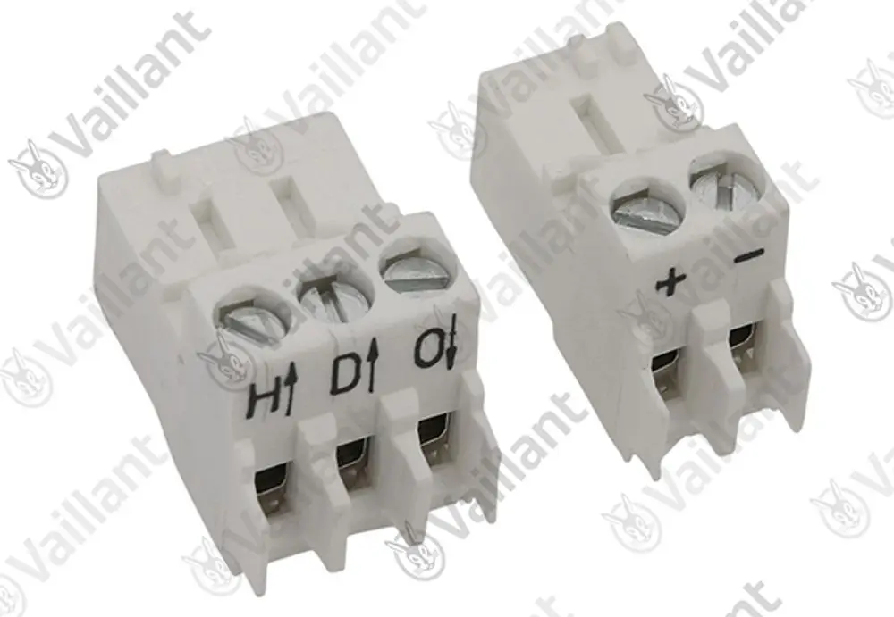 Vaillant Stecker mit zwei Anschlussklemmen, beschriftet für H1, D1, O1 und Plus/Minus. Verwendbar für Regler in Heizsystemen.
